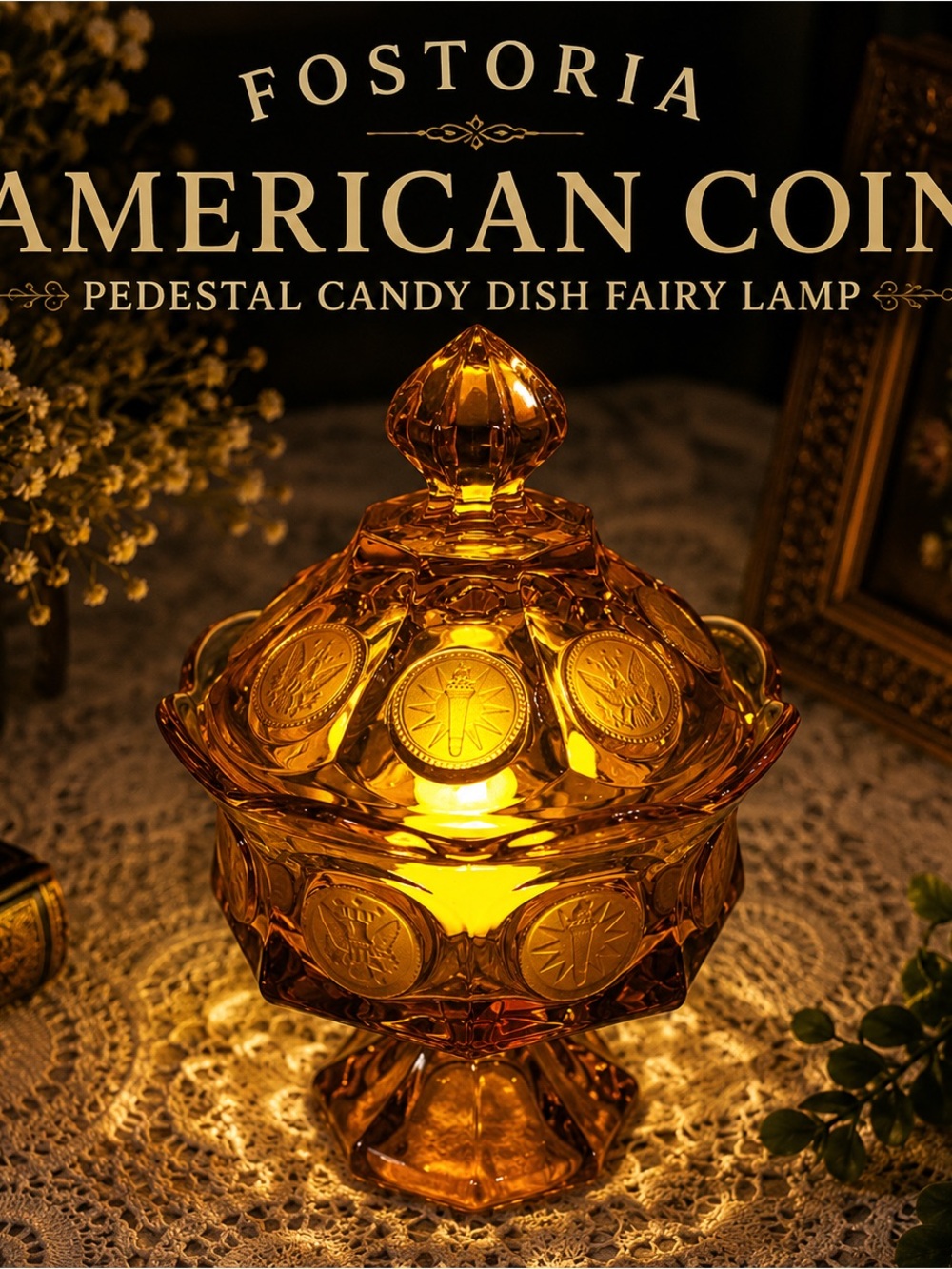 Fostoria American Coin Amber Fairy Lamp | Pedestal Candy Dish Cottagecore Glow